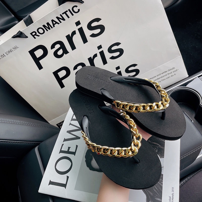 Dép Quai Ngang Đế Bằng Phối Dây Xích Thời Trang Mùa Hè Hàn Quốc 2022 Mới Cho Nữ