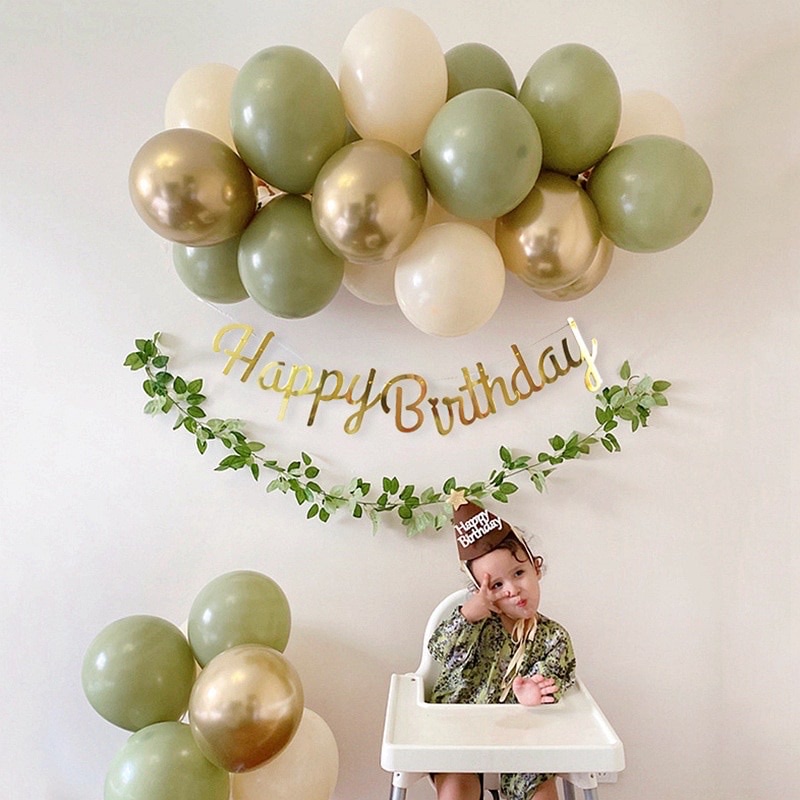Set Trang Trí Sinh Nhật Hàn Quốc Màu Vintage Xanh Lá Cho Bé trai, Bé Gái Và Người Lớn