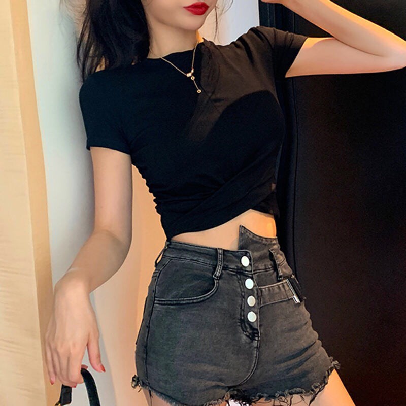 Á𝐨 𝐂𝐫𝐨𝐩𝐭𝐨𝐩 𝐍ữ 𝐓𝐚𝐲 𝐍𝐠ắ𝐧 Xoắn bụng cổ tròn dáng ôm body xoắn bụng cách điệu phong các Hàn Quốc - ZADOLA FASHION
