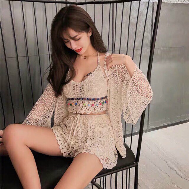 Set 3 món ren hoa bikini siêu hot - Bra thổ cẩm