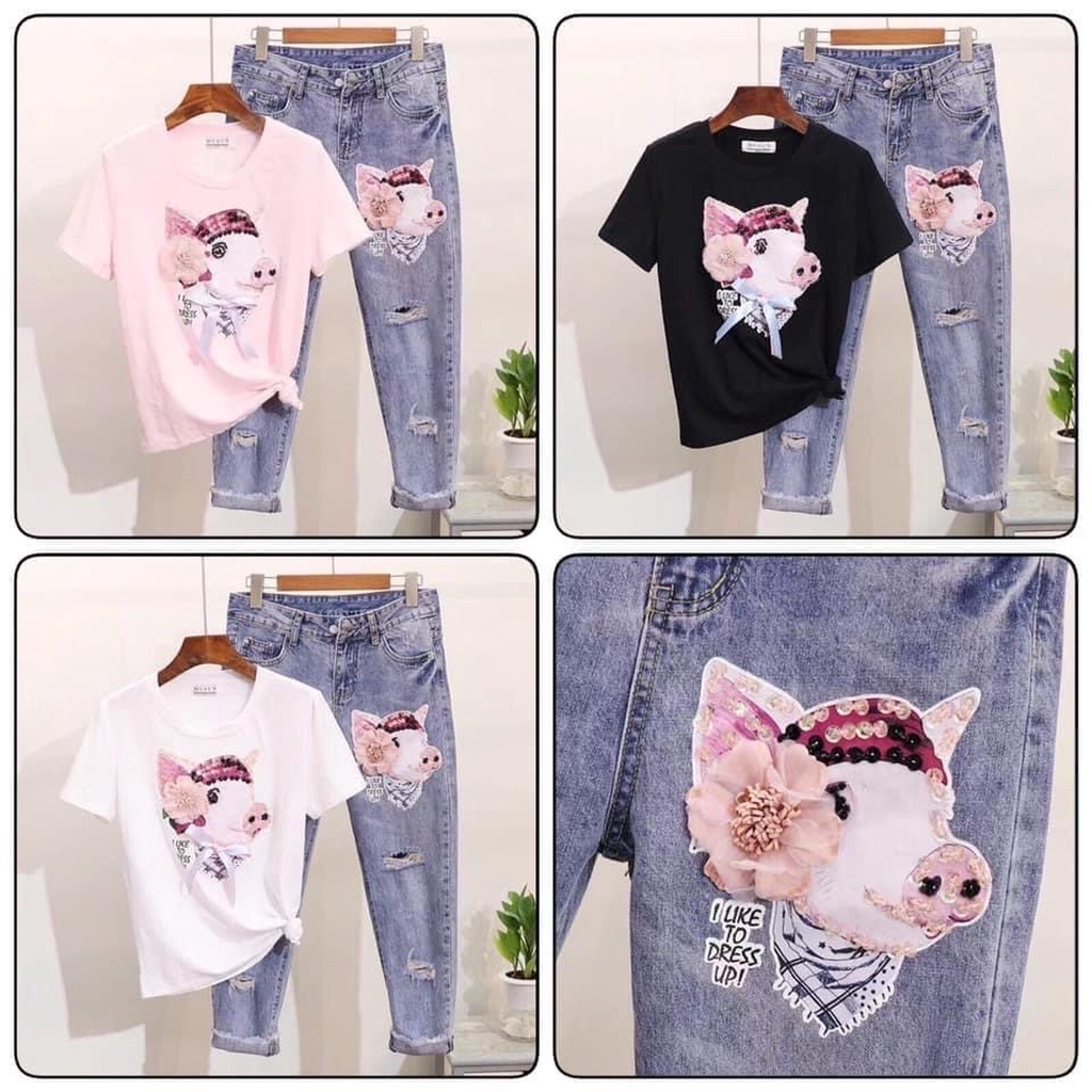 [SET ĐỒ] Set Trang Phục Nữ Áo Phông +Quần Jeans Dài Năng Động