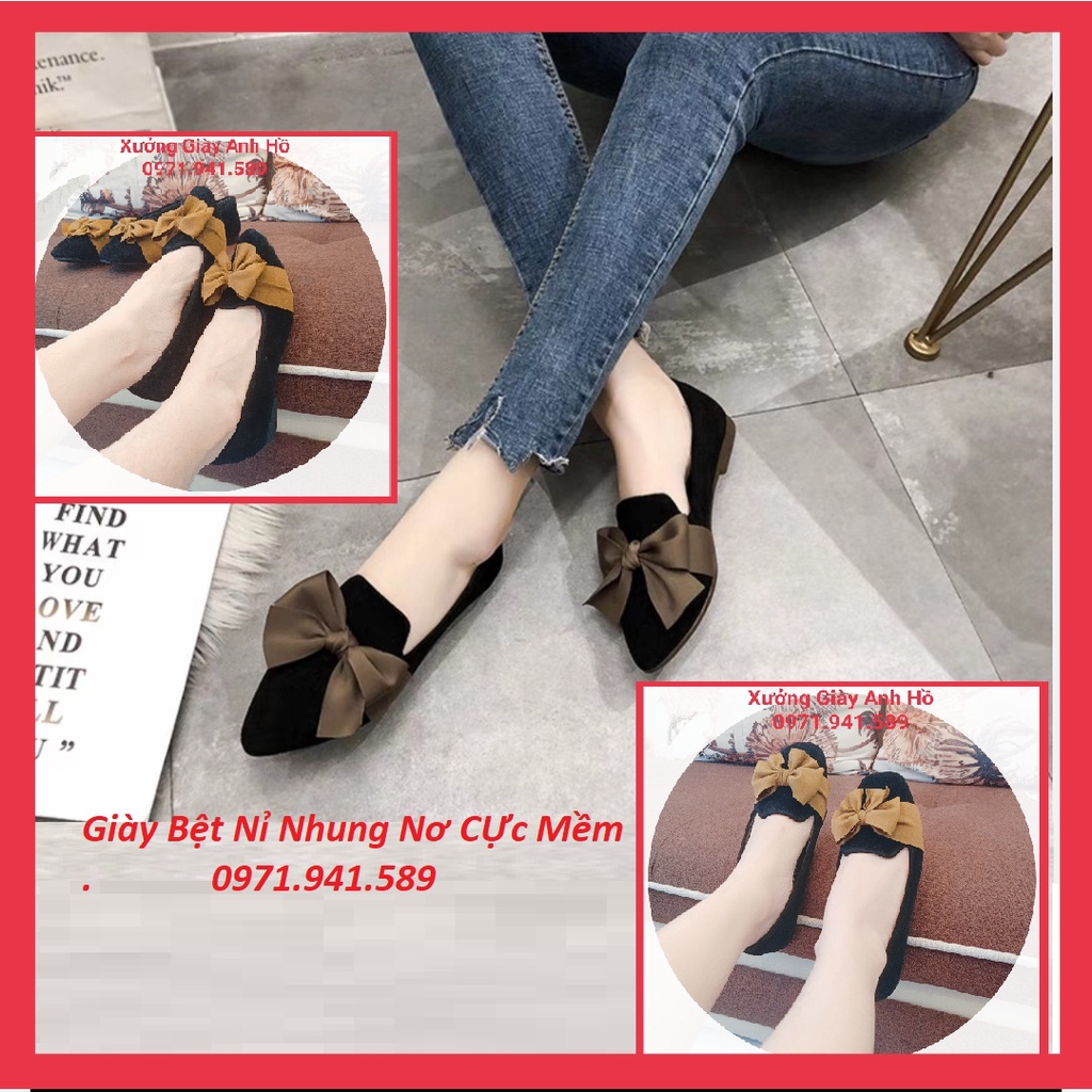 Giày Bệt Giày Búp Bê Nữ Nỉ Nhung Cực Mềm Phối Nơ Lựa Cực Xinh Siêu Mịn Êm Chân Kèm Video Ảnh Thật