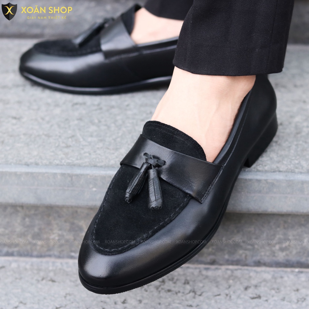 Giày Lười Nam Da Lì Kết Hợp Da Lộn Và Chuông, Đế Cao Su Khâu Chắc Chắn - Mã G014