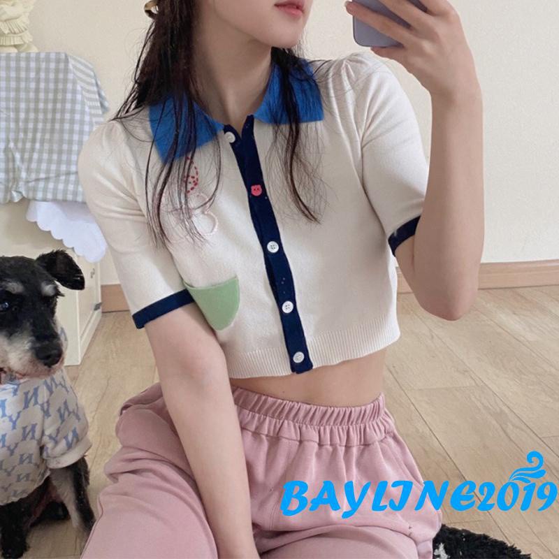 Áo Croptop Tay Ngắn Thêu Hoa Thời Trang Cho Nữ
