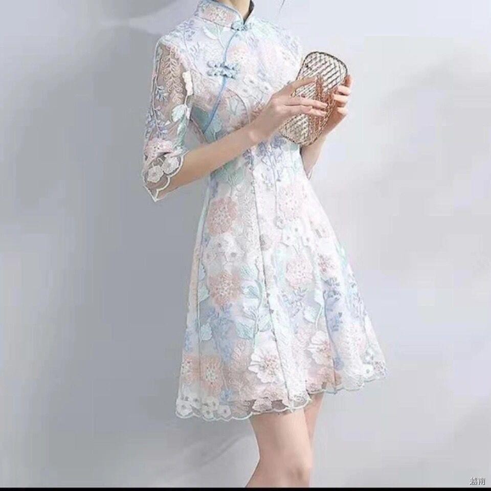 ☊Chất lượng cao vải cải tiến mới phong cách Trung Quốc váy dài sườn xám nữ mùa xuân và hè cô gái tay dạ hội mỏng