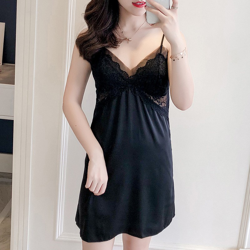 Váy ngủ hai dây lụa satin bigsize 40-65kg có mút đệm ngực phối ren lưng sexy VN115090