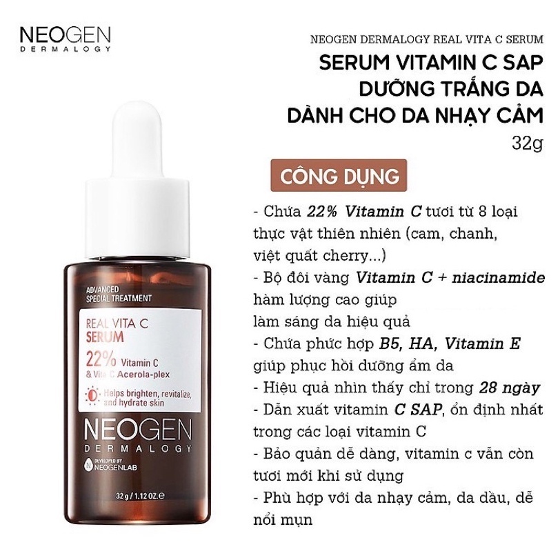 Serum Neogen Hàn Quốc 22% vitamin c, 5% niacinamide dưỡng trắng, mờ thâm dành cho da dầu mụn 32g NPP Shoptido