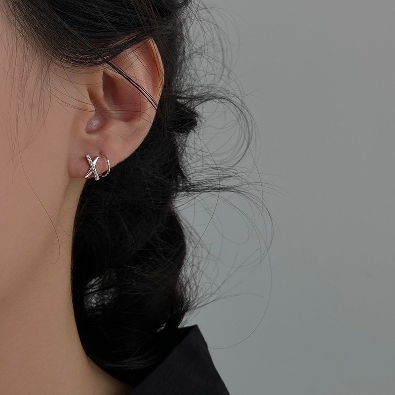 Khuyên tai bạc nữ TLEE bông tai xoắn chữ x nạm đá cao cấp TleeJewelry B0216