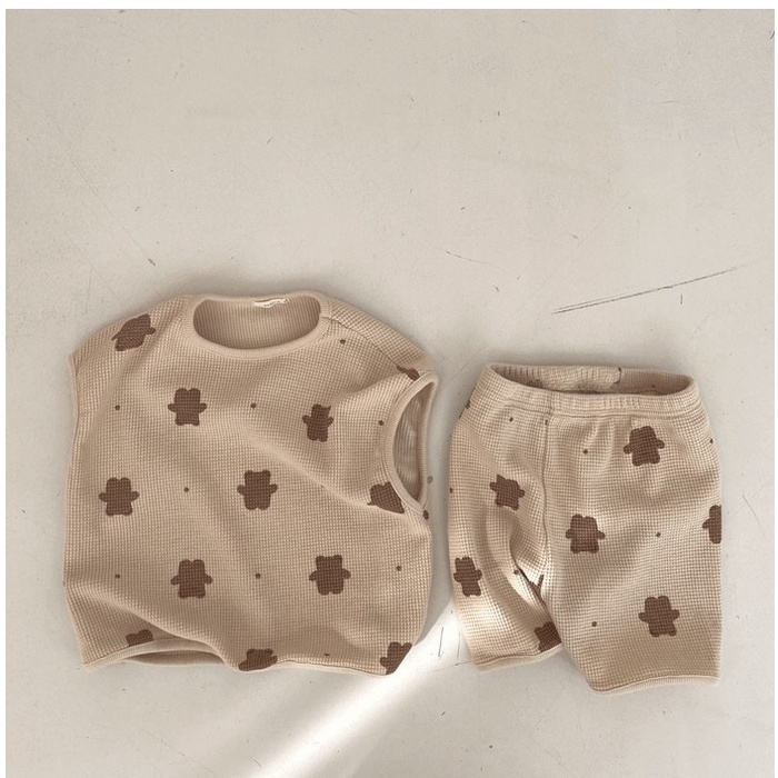 Set áo thun ngắn tay + quần short in hình gấu dễ thương cho bé trai/bé gái
