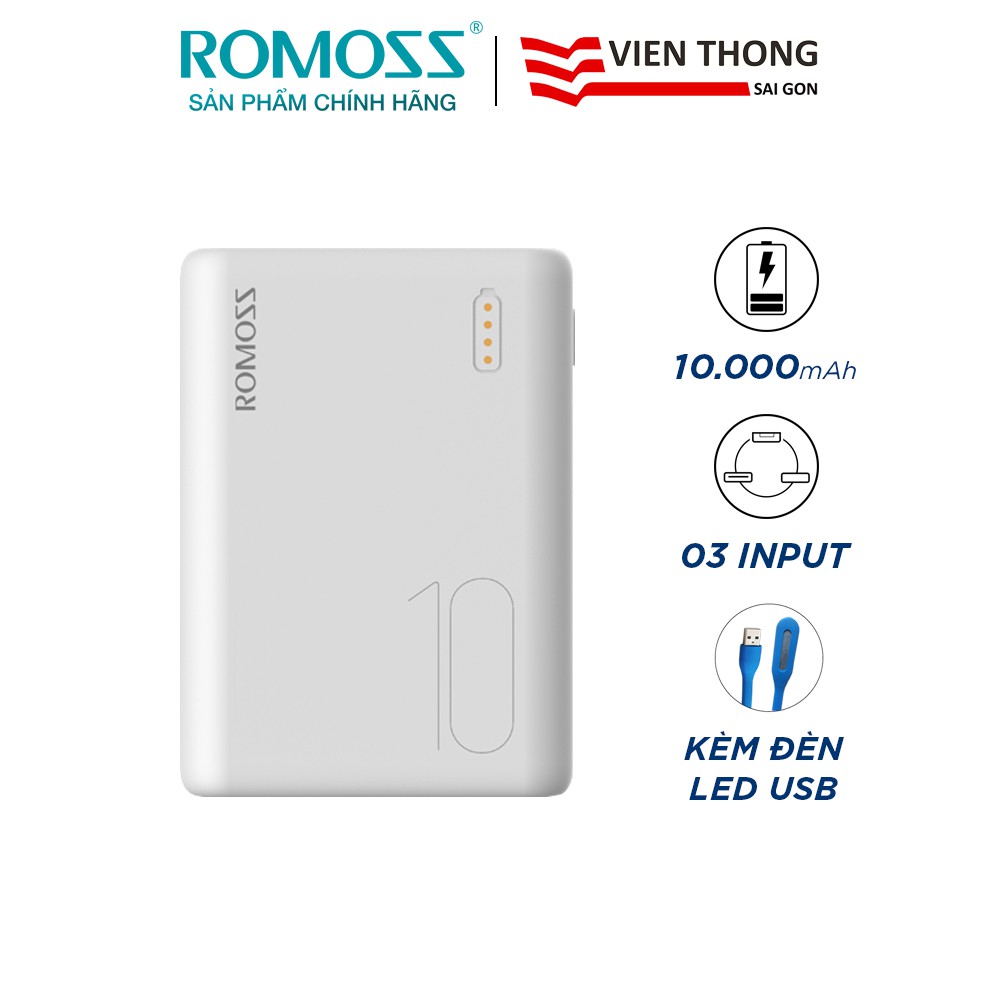 Pin sạc dự phòng Romoss Simple 10 10.000mAh hỗ trợ 3 cổng input tặng đèn LED USB