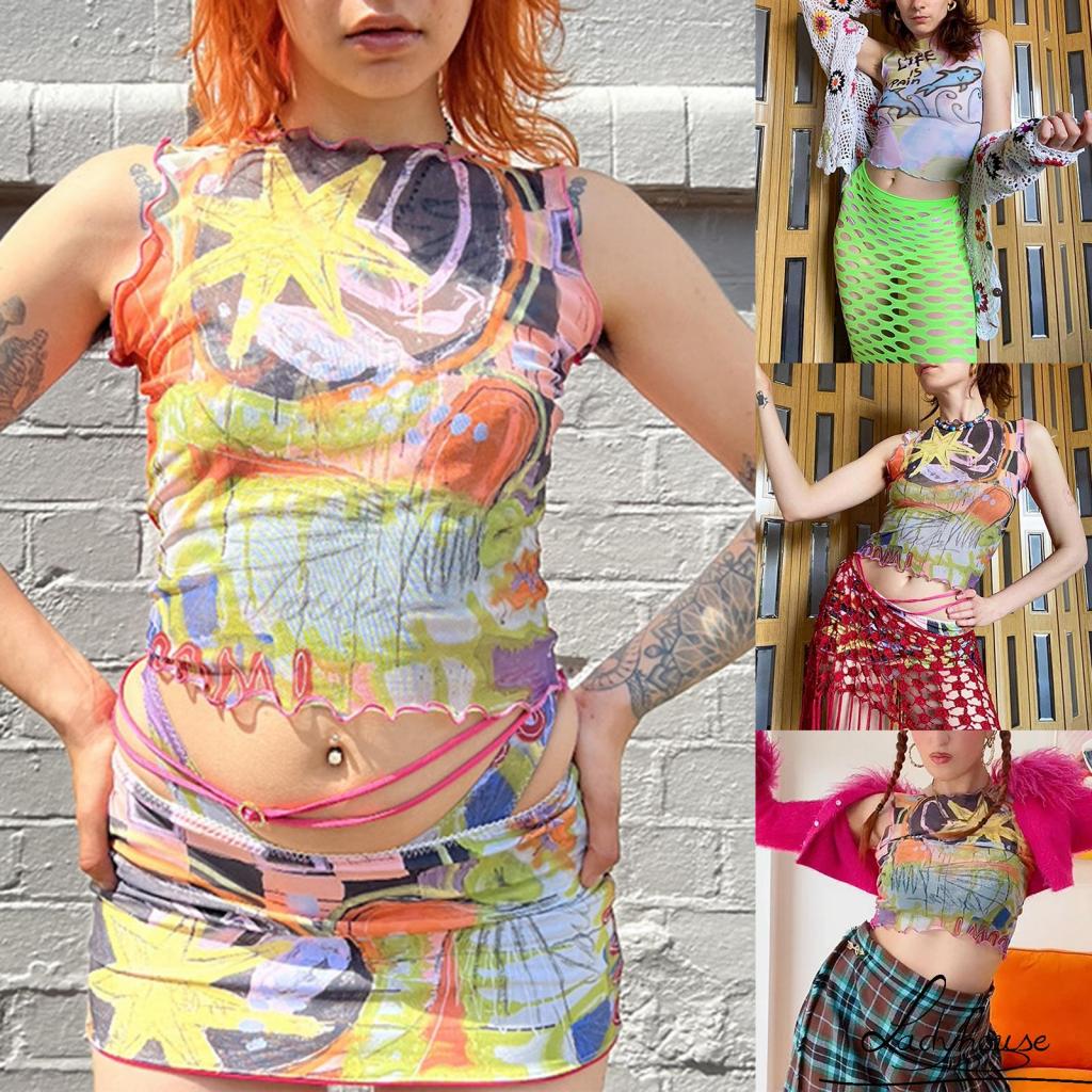 Áo Croptop Không Tay Cổ Tròn In Họa Tiết Hoạt Hình Thời Trang Mùa Hè Cho Nữ