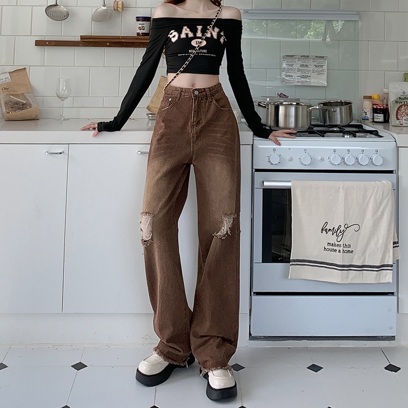 Set Áo Thun Dài Tay 2 Dây + Quần jeans Dài Ống Rộng Thời Trang Nữ