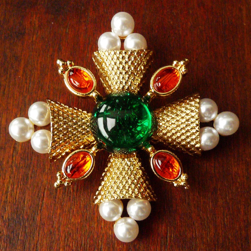 Ghim Cài Áo Hình Chữ Thập Đính Đá Ngọc Trai Phong Cách Vintage