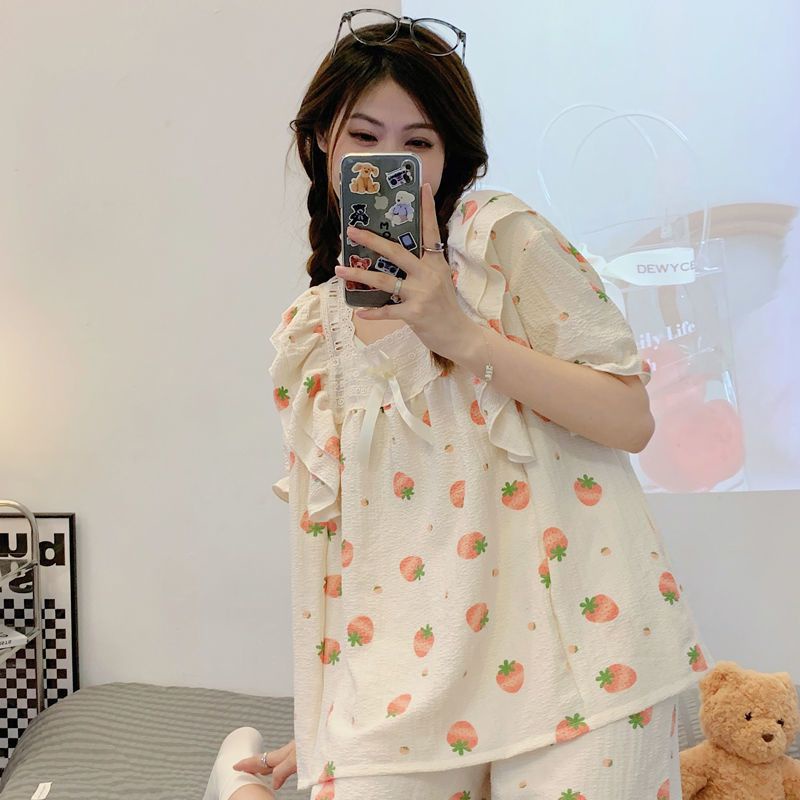 Bộ Đồ Ngủ Ngắn Tay Họa Tiết Dâu Tây Dễ Thương Dành Cho Nữ