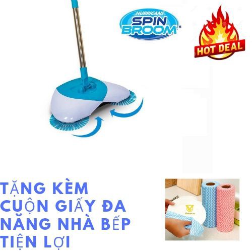 chổi thông minh spin broom + tặng kèm cuộn giấy đa năng nhà bếp - hàng chính hãng