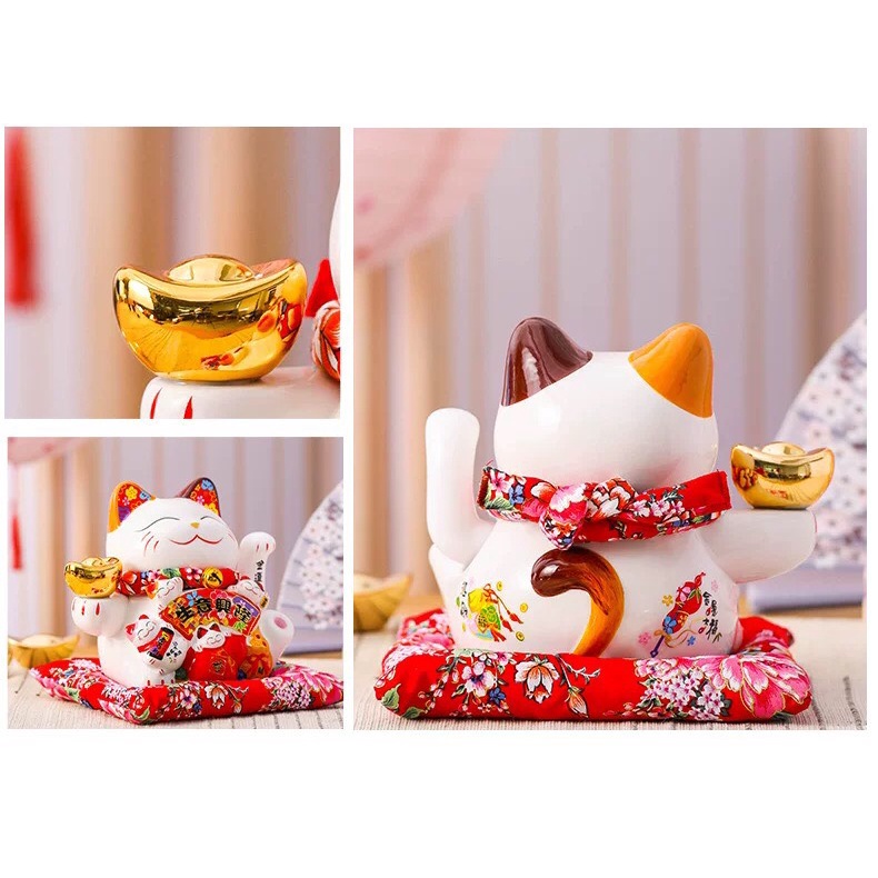 Mèo thần tài vẫy tay phong thủy Lộc Phát quà tặng tân gia khai trương gốm sứ Nhật cao cấp