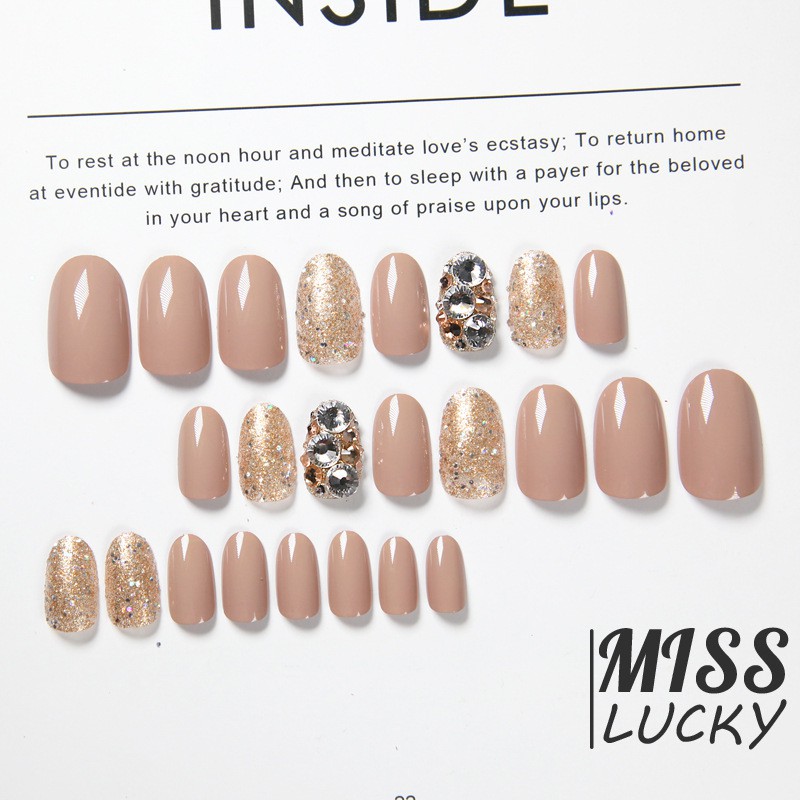 ❤HHN-VN 24 Piece Nude Color Ins Style Women Wearable Fake Nails with Diamond Short Round Full Cover