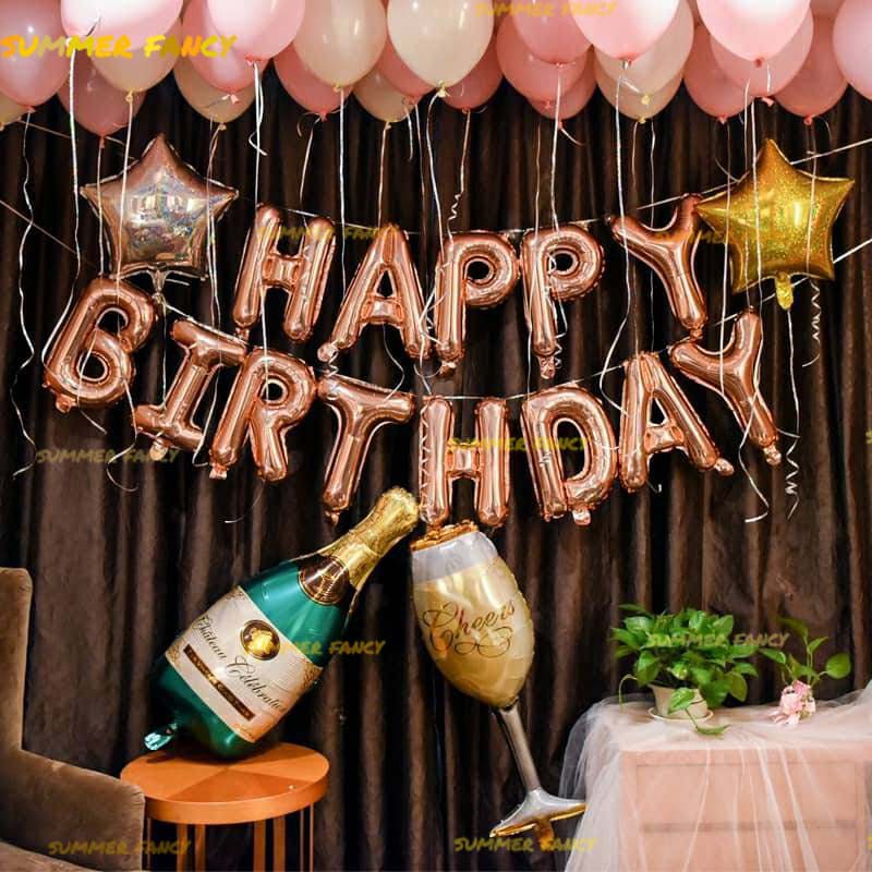 Set 2 rèm kim tuyến + 50 bóng nhũ + bóng chữ Happy birthday + bơm tay + keo trang trí sinh nhật