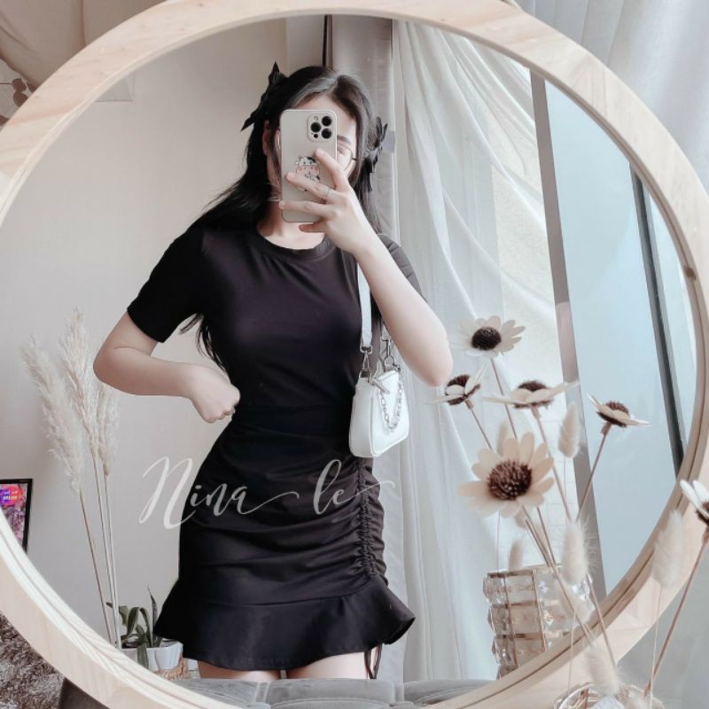 Sỉ 130💚 ĐẦM ĐEN CỔ TRÒN RÚT DÂY HÔNG ĐUÔI CÁ 💚