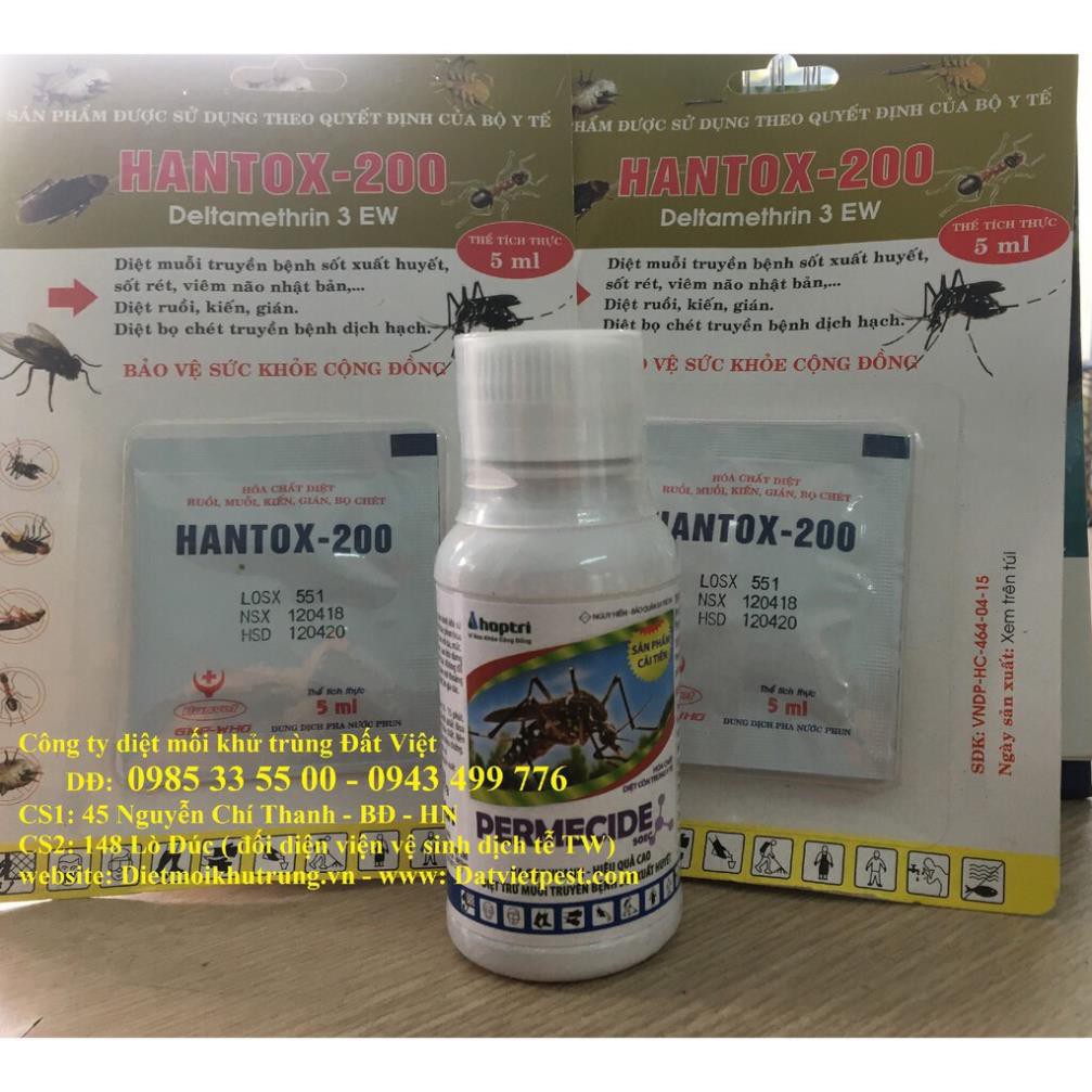 Combo 3 gói thuốc diệt bọ chét, ve, giận, chó mèo và côn trùng Hantox -200 + lọ Permecide 100Ml phun cho  gia đình 100m