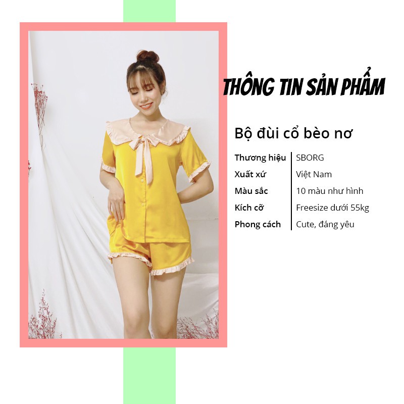 Đồ bộ cao cấp SBORG bộ lụa satin áo cổ bèo nơ dễ thương tay ngắn quần đùi tiểu thư có túi freesize dưới 55kg quà tặng vợ