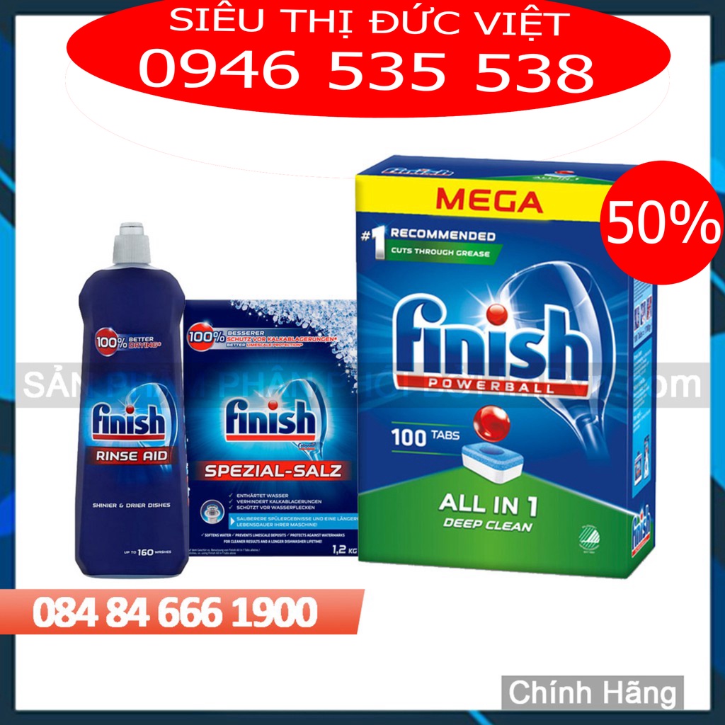 Combo rửa bát Finish Hộp All in one (100 viên hoặc 90 viên), Muối 1.2kg, Nước làm bóng 800ml