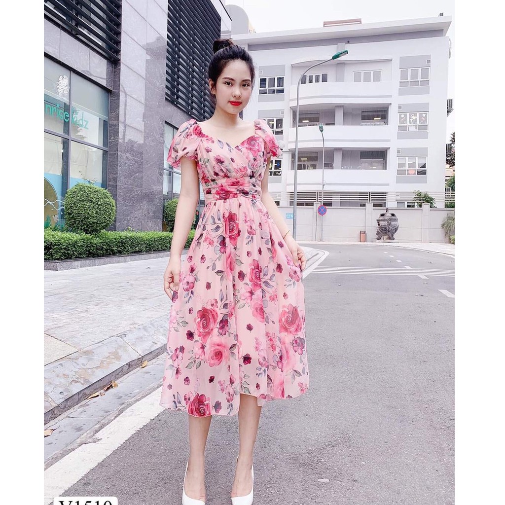 Đầm Váy Hoa Hồng Tay Phồng Xếp Ly Dáng Xòe Qúy Cô Dự Tiệc | BigBuy360 - bigbuy360.vn