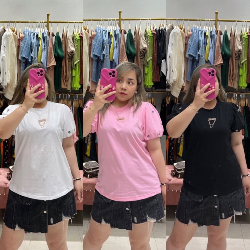 Áo thun thêu tay bồng kèm tag cài