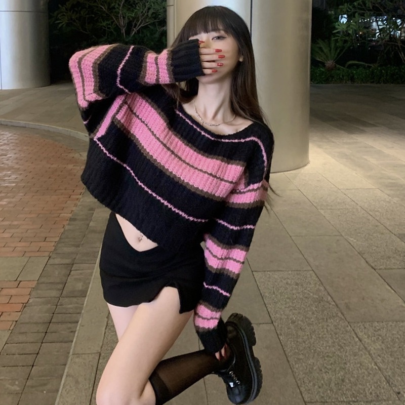Áo Sweater Dệt Kim Cổ Tròn Dáng Rộng Thiết Kế Ngọt Ngào Cho Nữ