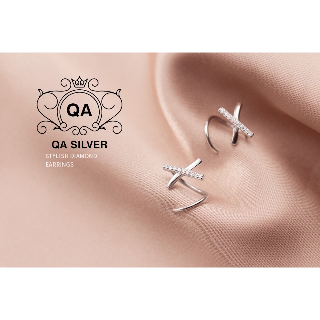 Khuyên tai bạc cuộn chữ X đính đá bông tai xoắn kẹp vành chéo S925 HELIX Silver Earrings QA SILVER EA200608