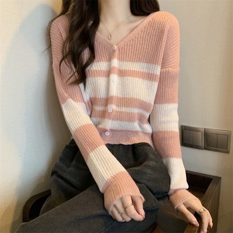 Áo cardigan SUXI dệt kim mỏng tay dài cổ chữ V dáng rộng họa tiết kẻ sọc phong cách cổ điển Hàn Quốc cho nữ