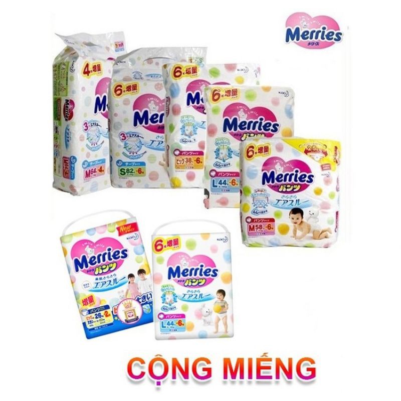 (Cộng miếng) Bỉm Merries dán/quần nội địa Nhật đủ size cho bé NB90+6/S82+6/M64+4/L54+4/XL38+6/XXL26