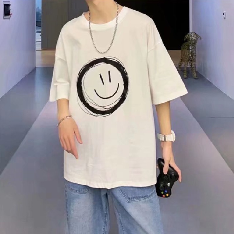 Áo Thun Tay Ngắn Dáng Rộng In Hình Biểu Tượng Cảm Xúc Kiểu Hip-Hop Đường Phố Hàn Quốc Cá Tính Cho Nam