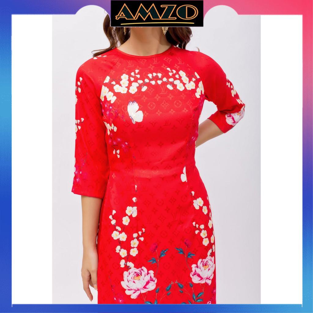 Áo Dài May Sẳn, Áo Dài Cổ Tròn Tay Lửng Màu Đỏ Chất Liệu Gấm Lụa In Hình Hoa Trạng Nguyên. | BigBuy360 - bigbuy360.vn