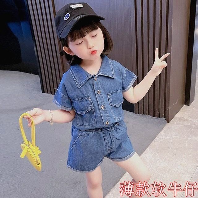 Set Áo Thun Tay Ngắn + Quần Short Denim Thiết Kế Mới 2022 Thời Trang Mùa Hè Dành Cho Bé Gái