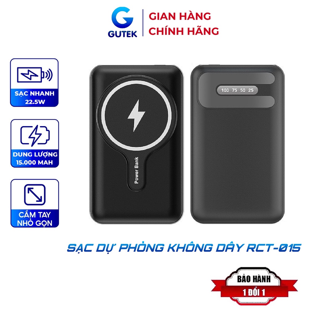 Sạc dự phòng không dây sạc nhanh 22,5W pin 15000mah mini nhỏ gọn cho từ ip 8/X/11/12/13 – Gutek RCT-015