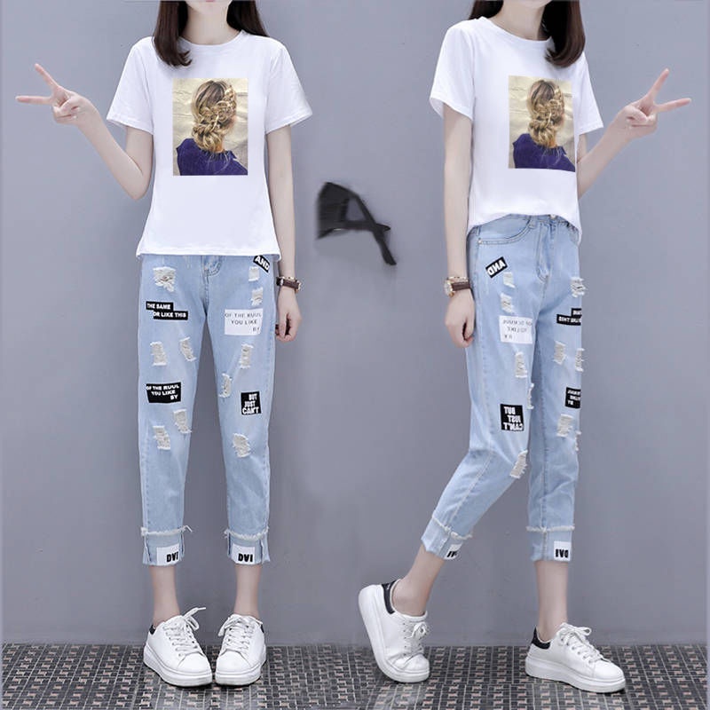 Bộ Áo Thun In Hoạt Hình + Quần Jean Dài Phối Rách Cá Tính Cho Nữ