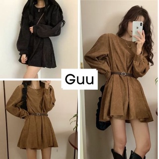Váy nhung thiết kế dài tay kèm thắt lưng Đầm xòe dáng ngắn màu đen nâu che khuyết điểm GUU