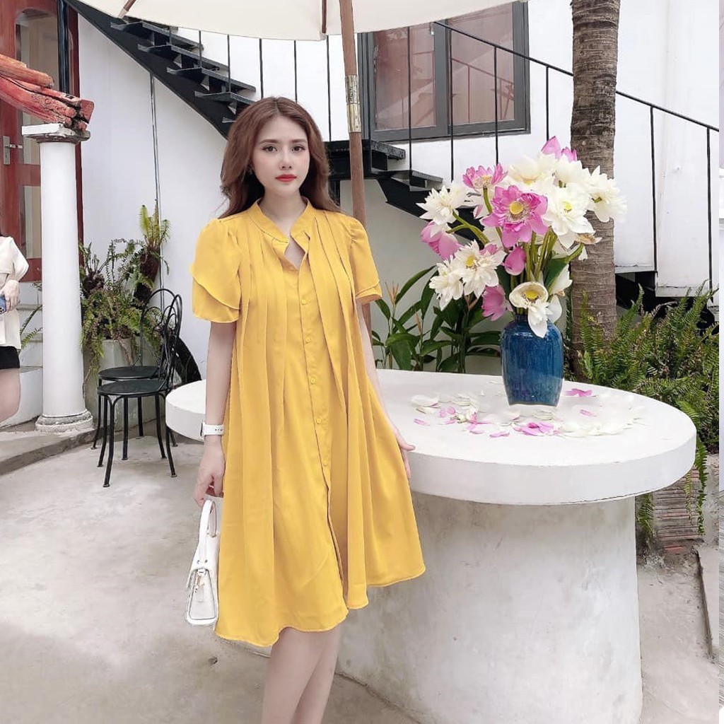 Váy bầu thời trang thiết kế cổ tàu hàng cúc thật  chất cát hàn freesize từ 45 đến 70kg