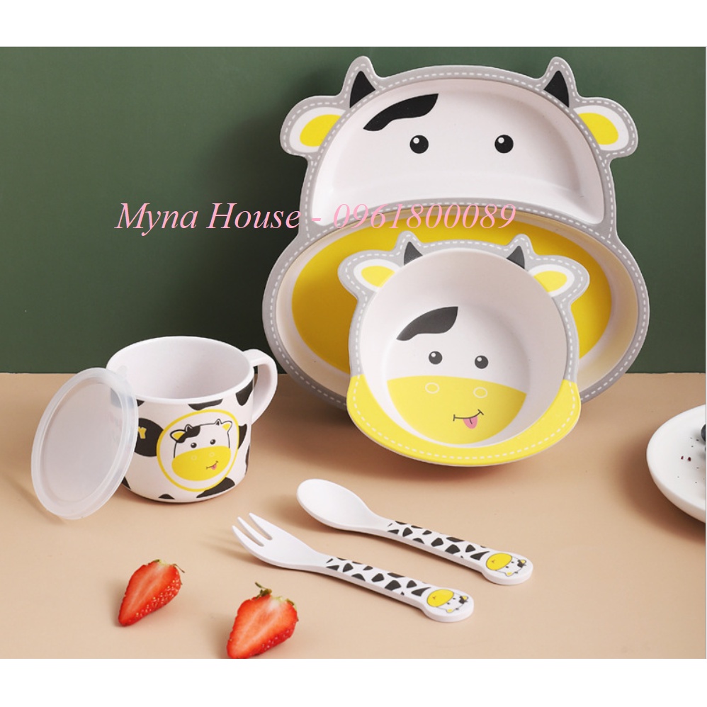 Set 5 món Khay, Bát, Cốc, Thìa, Dĩa ăn dặm hữu cơ tự nhiên Bamboo Fiber