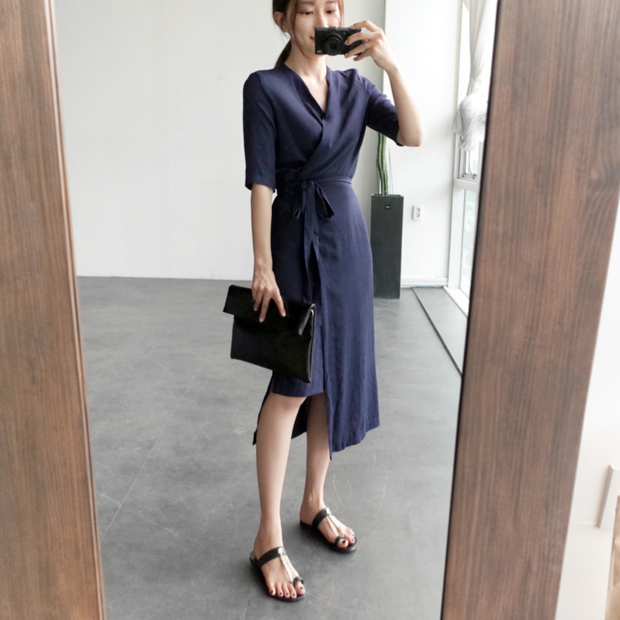 Đầm nữ midi xẻ tà tay ngắn Emilyshop