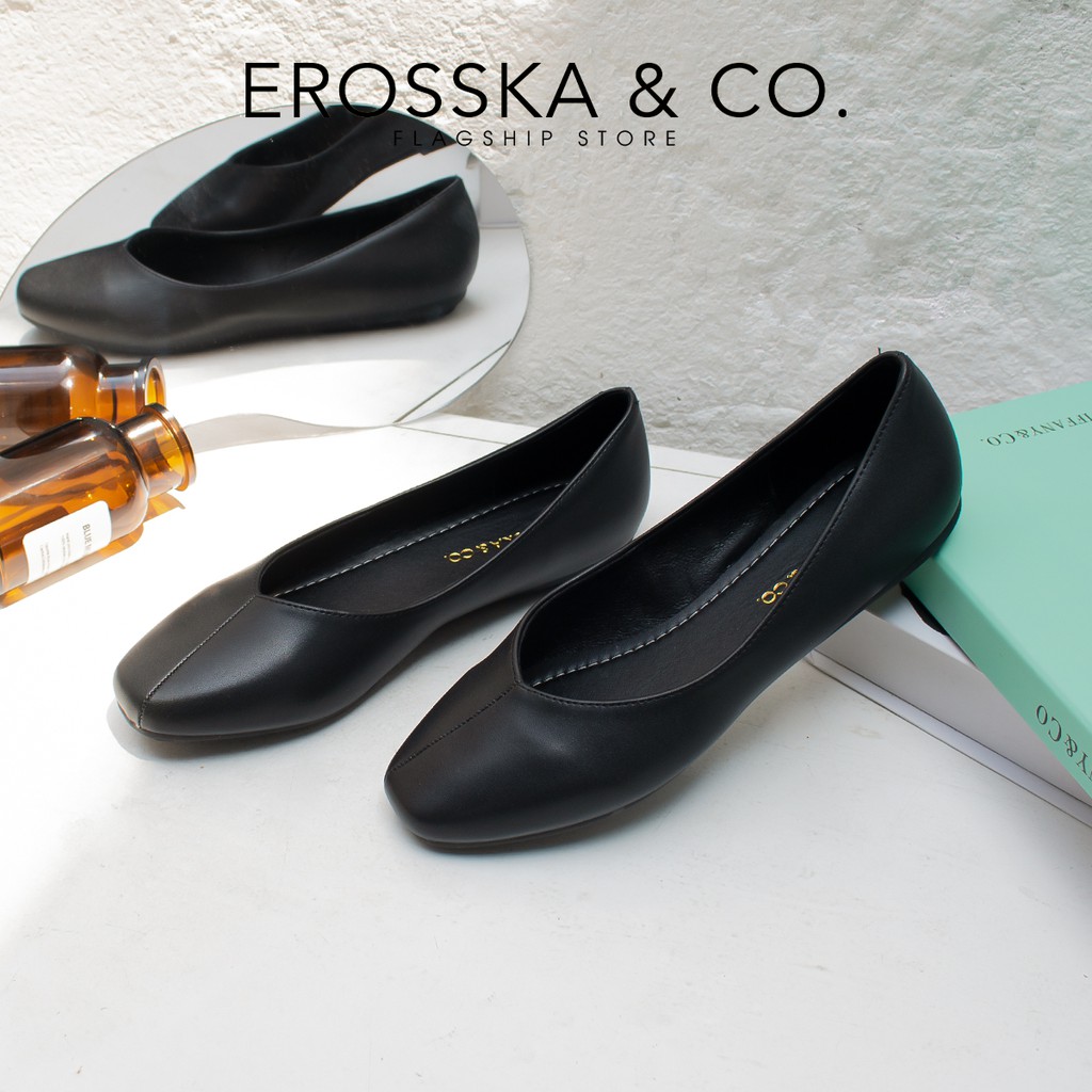Giày búp bê Erosska thời trang mũi bầu kiểu dáng trơn đơn giản màu đen _ ef010