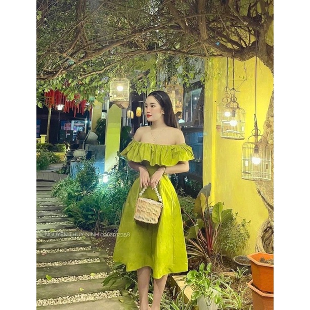 Váy trễ vai bèo xoè đai eo cực xinh, váy đi chơi