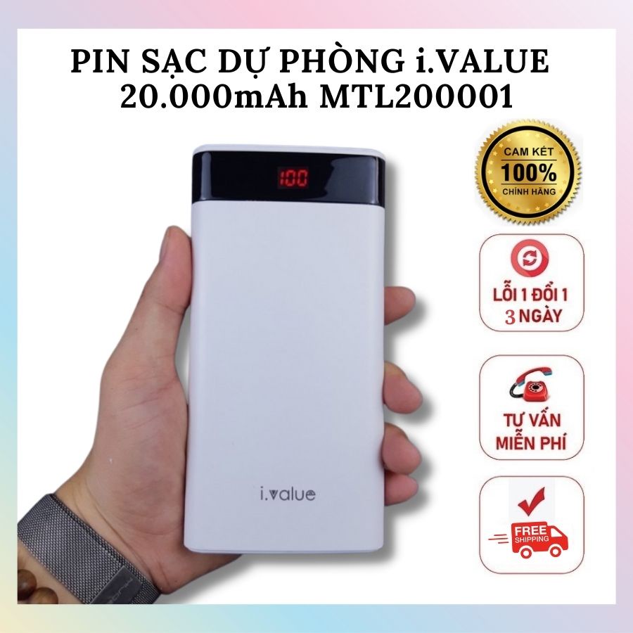 Pin sạc dự phòng Li-ion 20000mAh ivalue MTL200001 Trắng, Hàng Chính Hãng