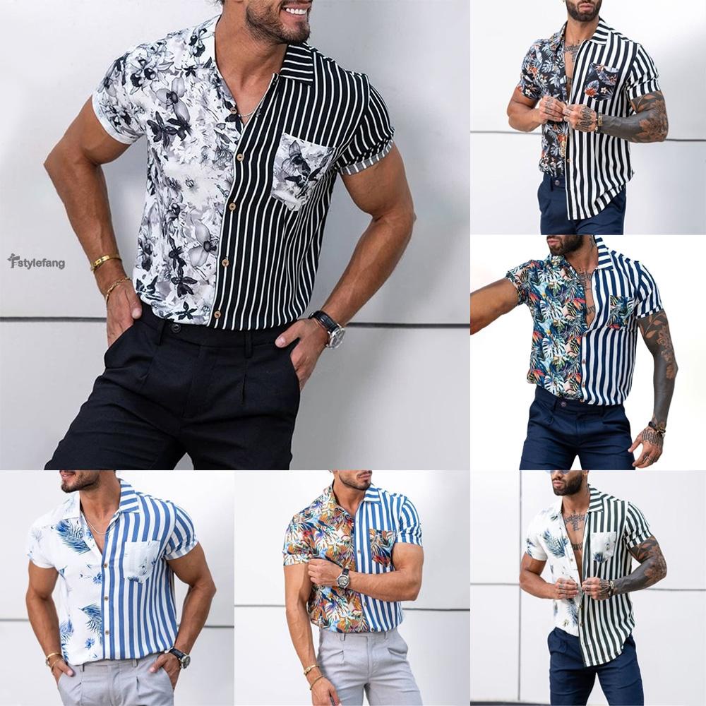STYLEF-~Men/Mens Button Down Shirt Fitness Short Sleeve Casual Party Hawaiian Tee Top-