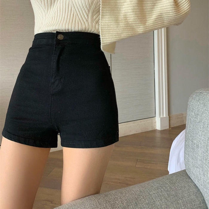 Quần Short Denim Màu Đen Lưng Cao Siêu Co Giãn Thời Trang Mùa Hè Cho Nữ