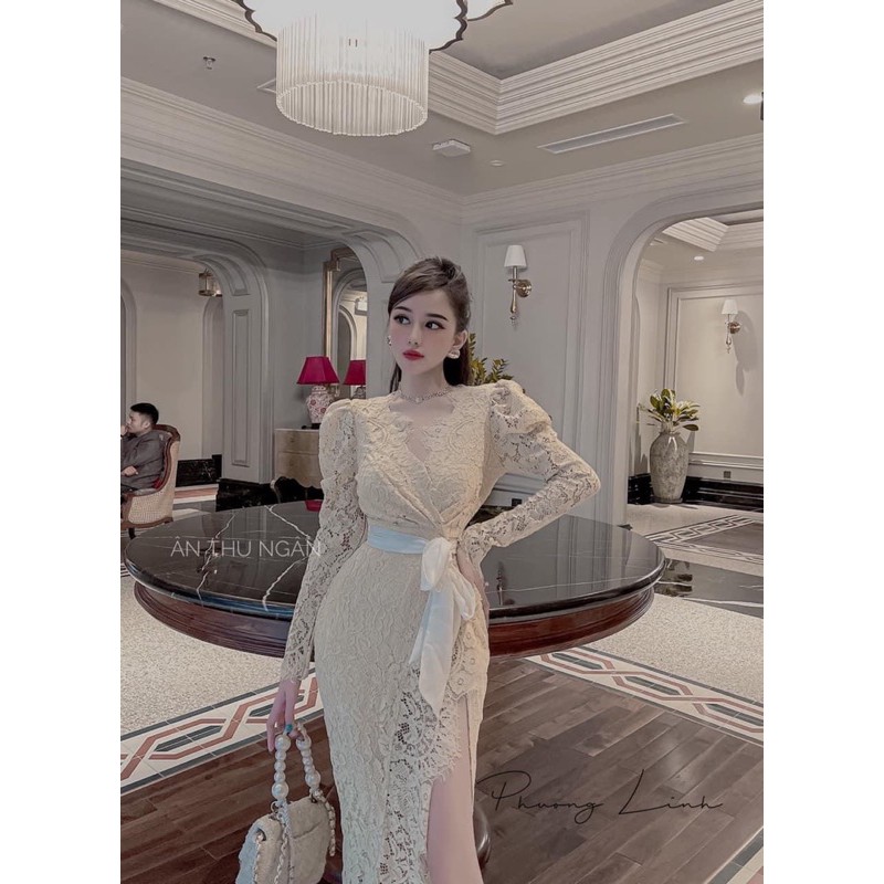 Đầm ren tay dài, dây nơ cột eo