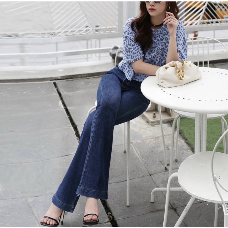 Quần jean ống loe lưng cao co giãn, Quần Jean Nữ Ống Bass Lai Lật Lớn