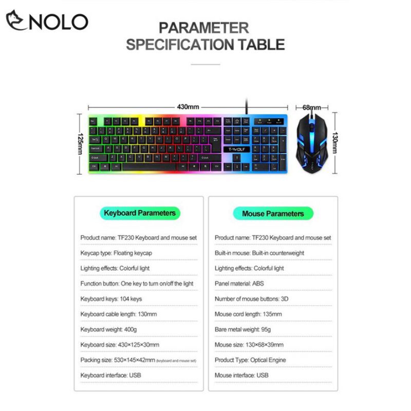 Combo Bộ Bàn Phím Giả Cơ Và Chuột Gaming Gear TWOLF TF230 Led RGB 3D Dây Dài 1,3M Chui USB