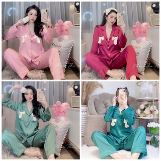 Set Đồ bộ Pijama - Bộ lụa latin gấm mặc nhà sang chảnh 2 túi nơ